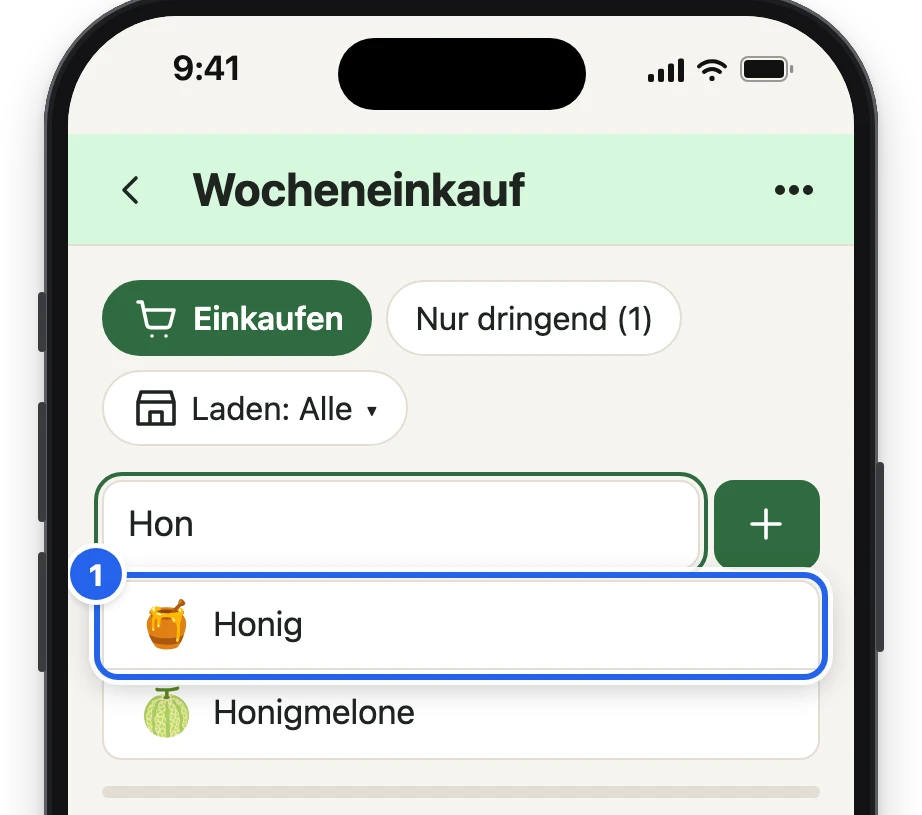 Beim Tippen von Hon schlägt die App Honig und Honigmelone vor