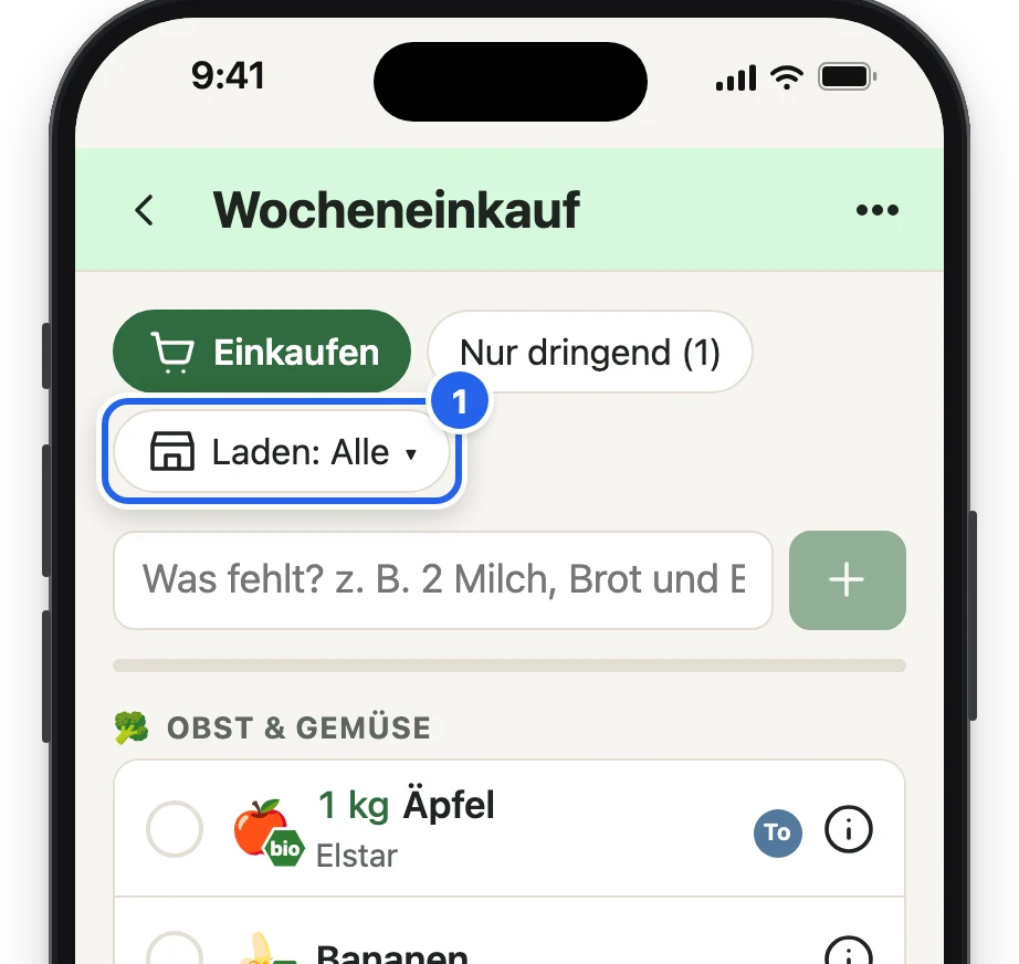 Die Leiste oben mit Einkaufen, Nur dringend und dem Knopf Laden: Alle