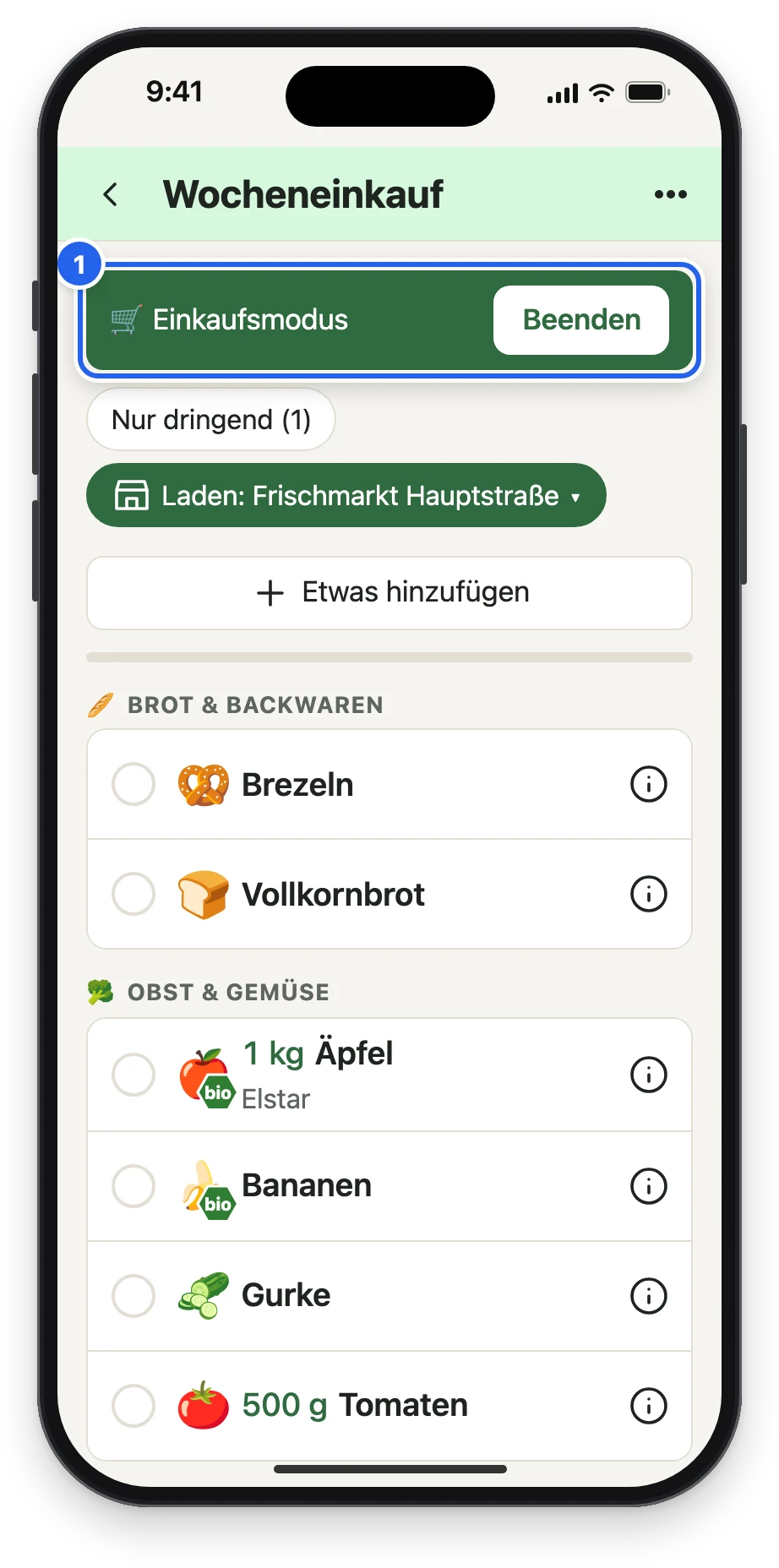 Der Einkaufsmodus mit der grünen Leiste und dem Knopf Beenden