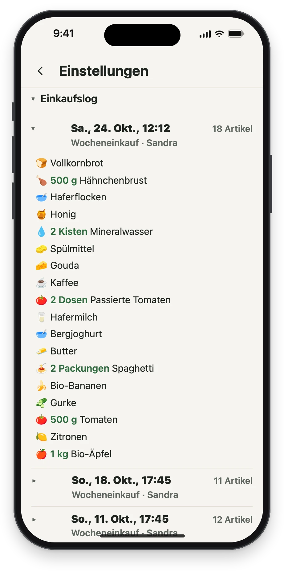 Das Einkaufslog mit dem Einkauf vom Samstag, aufgeklappt mit allen Artikeln
